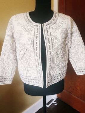 Anthropologie Daniel Rainn White Jacket with Black Embroidery